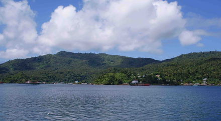 L'île de Lembeh vue depuis le port de Bitung, sur la côte de Sulawesi. 
