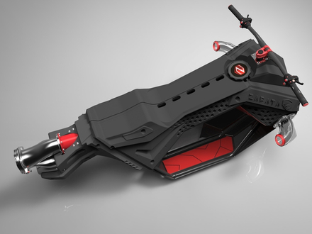 Le Flyride est une moto volante, conçue pour deux personnes, et propulsée par la turbine du Jet-Ski via un énorme tuyau et deux buses avant Le Flyride est une moto volante, conçue pour deux personnes, et propulsée par la turbine du Jet-Ski via un énorme tuyau et deux buses avant