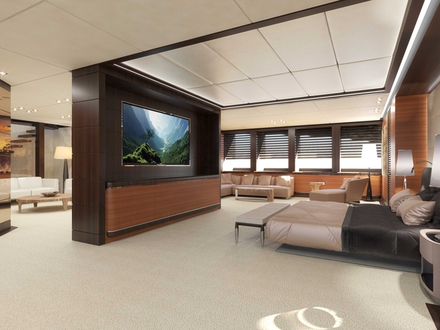 La cabine du propriétaire occupe un pont entier, avec chambre, salon privé, salle de bain privé. Nautisme Article