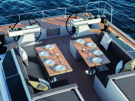 Devant le poste de pilotage se trouvent deux tables avec banquettes. L'espace peut se transformer en grand bain de soleil. Devant le poste de pilotage se trouvent deux tables avec banquettes. L'espace peut se transformer en grand bain de soleil.