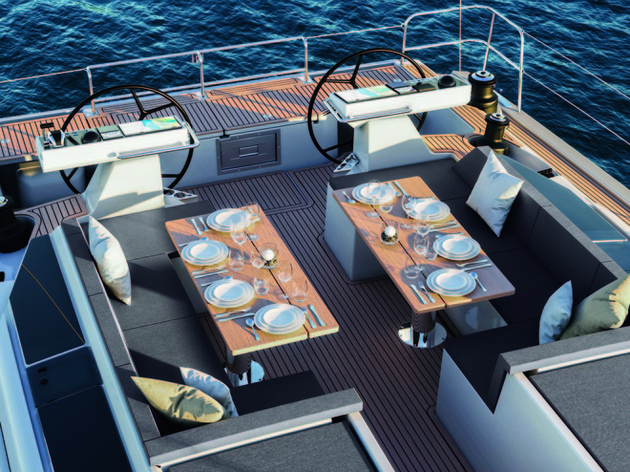 Devant le poste de pilotage se trouvent deux tables avec banquettes. L'espace peut se transformer en grand bain de soleil. Nautisme Article