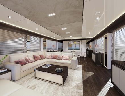 Le M/Y Zalanka est équipé de larges baies vitrées et affiche une décoration dans les tons chauds, marron et beiges. Nautisme Article