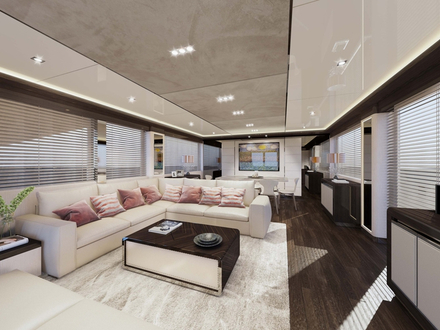 Le M/Y Zalanka est équipé de larges baies vitrées et affiche une décoration dans les tons chauds, marron et beiges. Nautisme Article