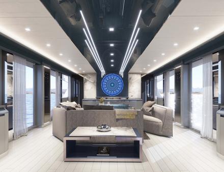 Le M/Y Cadet V est décoré dans les tons gris et bleus, avec de nombreux tableaux de l'artiste italien Stefano Curto. Nautisme Article