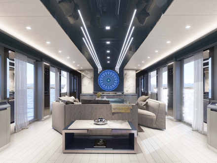Le M/Y Cadet V est décoré dans les tons gris et bleus, avec de nombreux tableaux de l'artiste italien Stefano Curto. Nautisme Article