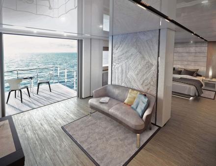L'immense suite propriétaire possède une ouverture qui se transforme en quelques secondes en une terrasse privée. Nautisme Article