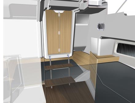 La « mid-cabine » du Bénéteau pourra constituer, au choix, un espace de rangement ou une couchette double. Nautisme Article