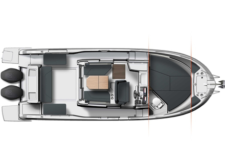 Zoom sur le plan du Bénéteau avec de larges passavants et beaucoup d'espace de circulation à bord. Impératif pour la pêche ! Nautisme Article