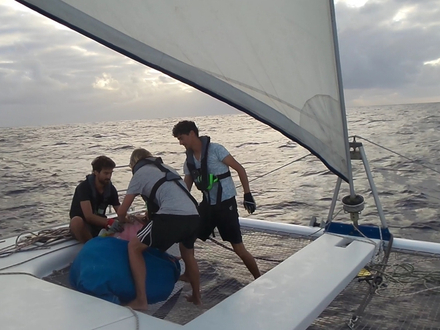 Au début, le vent était trop fort pour le spi et il n'a pas résisté deux jours aux averses, se déchirant en trois. Au début, le vent était trop fort pour le spi et il n'a pas résisté deux jours aux averses, se déchirant en trois.