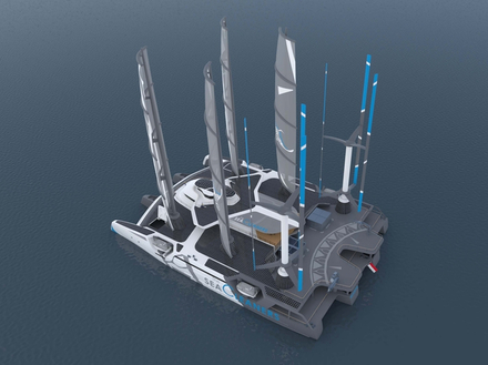 Sur le pont du quadrimaran, 2000 m2 de panneaux solaires vont ainsi être installés et deux éoliennes verticales utiliseront la force du vent pour produire de l'électricité. Sur le pont du quadrimaran, 2000 m2 de panneaux solaires vont ainsi être installés et deux éoliennes verticales utiliseront la force du vent pour produire de l'électricité.