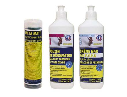 Meta Matt est une pâte à base de résine époxy sans solvant pour réparer les fissures, la crème de polish Hard Grade est une crème de rénovation et le wax permet de lustrer. Nautisme Article