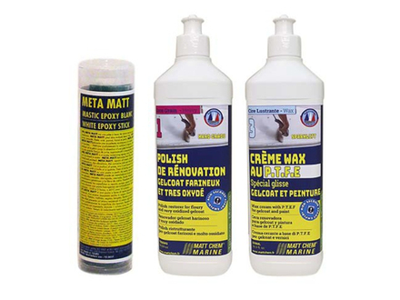 Meta Matt est une pâte à base de résine époxy sans solvant pour réparer les fissures, la crème de polish Hard Grade est une crème de rénovation et le wax permet de lustrer. Nautisme Article