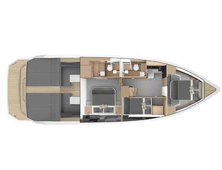 Au choix plusieurs versions d'aménagement dont un plan à 3 cabines et deux salles de bain. Nautisme Article