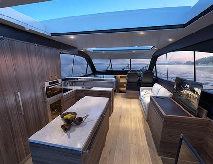 Larges baies vitrées et grands espaces... La signature Maritimo pour de longues croisières. Nautisme Article