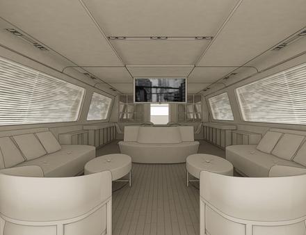 Le futur grand salon du nouveau 94 pieds qui aura sans nul doute des finitions extrêmement travaillées. Nautisme Article