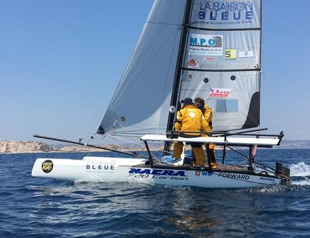 Père et fils sont à bord d'un Nacra F20 Carbon modifié pour l'occasion. Ils portent en permanence des sacs à dos avec tout le matériel de sécurité nécessaire. Nautisme Article