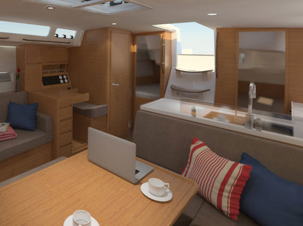 Une cuisine en L fait face à une table à cartes, et un carré en U permet à huit personnes de s'attabler. Une cuisine en L fait face à une table à cartes, et un carré en U permet à huit personnes de s'attabler.