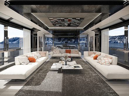 La présence de la moquette foncée est consacrée à l'accueil d'invités, alors que les bandes latérales avec plancher et plafonds clairs individualisent avec naturel les passages pour se déplacer à bord