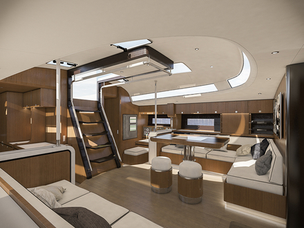 Au milieu du navire, on trouve un grand salon avec un canapé en forme de L, avec une table à manger et un second canapé à tribord.