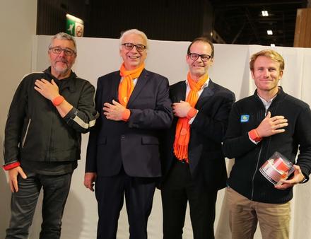 Présentation officielle du DIAL au Nautic avec, de gauche à droite, Philippe Starck, Xavier Delagorce, Marc Sauvagnac et Francois Gabart. Nautisme Article