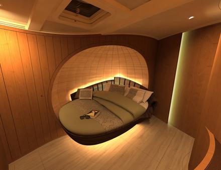 A l'avant du salon se trouve une cabine VIP avec salle de bain privative. Chaque cabine contient un lit double, abrité dans une alcôve arrondie. Nautisme Article