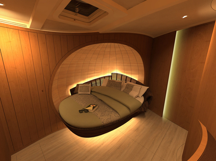 A l'avant du salon se trouve une cabine VIP avec salle de bain privative. Chaque cabine contient un lit double, abrité dans une alcôve arrondie. Nautisme Article