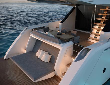 La plateforme de baignade arrière, véritable terrasse extérieure, est équipée de chaises longues transformables et de nombreux rangements, et peut accueillir un tender de 3,95 mètres de long. Nautisme Article