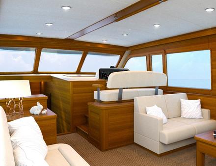 Quelle que soit la configuration choisie, les deux aménagements bénéficient d'un grand coin salon avec un canapé en L autour d'une table à manger. L'accès du cockpit depuis le salon se fait par une porte centrale. Nautisme Article
