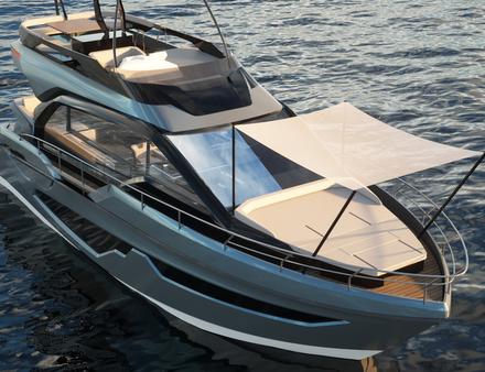 Le flybridge est couvert d'un T-top en fibre de carbone, et l'espace de bains de soleil à l'avant peut également être protégé du soleil. Nautisme Article