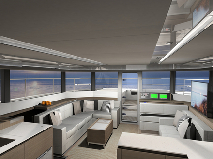 Le coeur du Leopard 53 PC est le flybridge. Protégé par un bimini rigide, il accueille le poste de barre à tribord ainsi que la centrale de navigation. 