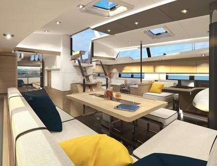 L'intérieur signé Isabelle Racoupeau monte en gamme avec un design contemporain et de larges ouvertures notamment dans le carré. Nautisme Article