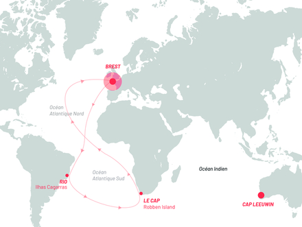 La carte du parcours qui représente un demi-tour du monde.  La carte du parcours qui représente un demi-tour du monde.