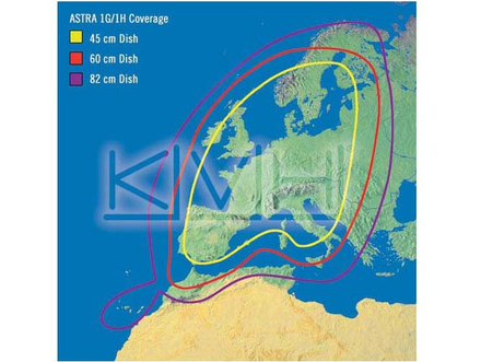 Couverture ASTRA 1 en fonction du diamètre de l'antenne Couverture ASTRA 1 en fonction du diamètre de l'antenne