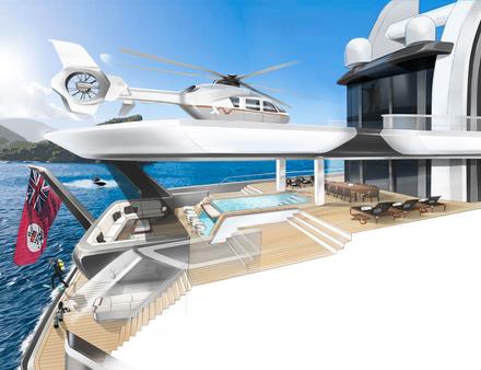 Grâce à une hélisurface disponible en option, le yacht peut transporter un hélicoptère Airbus H135. Nautisme Article