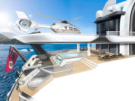 Grâce à une hélisurface disponible en option, le yacht peut transporter un hélicoptère Airbus H135. Nautisme Article