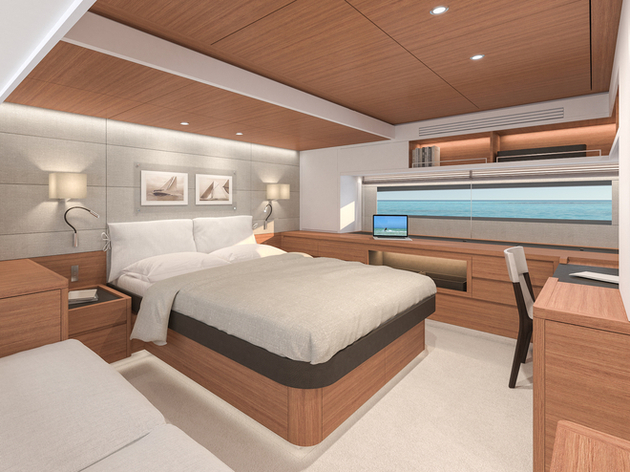 Spacieuse et dotée de nombreux rangements, la cabine du propriétaire sera décorée à base de teck et de tons clairs. Nautisme Article