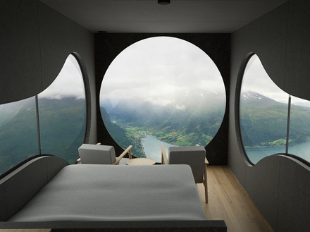 Le cube est constitué de larges ouvertures offrant une vue imprenable sur les fjords norvégiens.