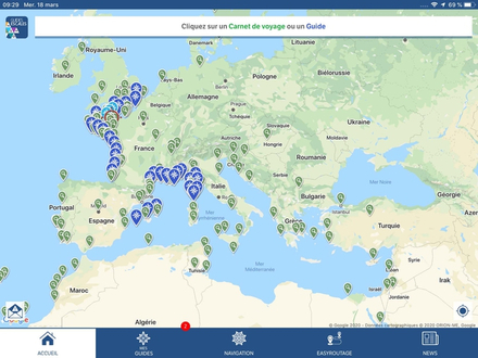 Accueil : représentation mondiale de toutes les destinations à découvrir (points en vert) avec des articles à jour les concernant, ainsi que les zones traitées sous forme de guides de navigation (points bleus). Accueil : représentation mondiale de toutes les destinations à découvrir (points en vert) avec des articles à jour les concernant, ainsi que les zones traitées sous forme de guides de navigation (points bleus).