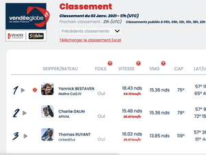 Vendée Globe Classement de 18h , Yannick Bestaven passe le Horn en tête.