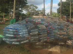 Au Cameroun, une baleine géante sculptée à partir de bouteilles en plastique