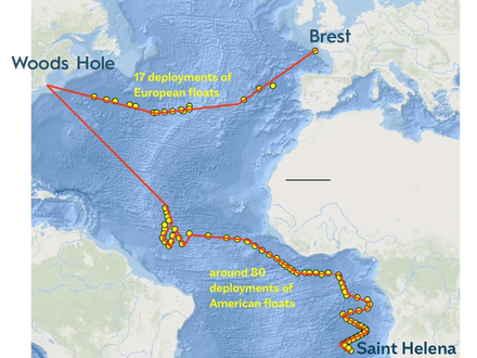 Le trajet du voilier Iris.  Les  points jaunes représentent les déploiements de flotteurs profileurs prévus (positions approximatives)