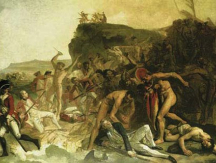 La mort de James Cook, dévoré aux iles Sandwich par les polynésiens. Tableau de Johann Zoffrany  La mort de James Cook, dévoré aux iles Sandwich par les polynésiens. Tableau de Johann Zoffrany