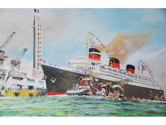 BRENET (Albert). Appareillage du paquebot Normandie pour son voyage inaugural, 1935, aquarelle gouachée, 36,5 x 54,5 cm, Collection privée Nautisme Article