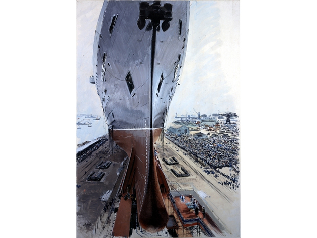 BRENET (Albert). Lancement du paquebot France, 1960, gouache, 83 x 122 cm, Collection privée Nautisme Article