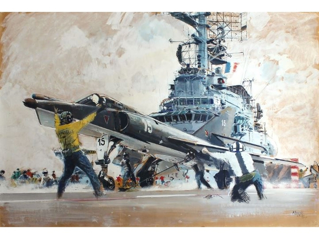 BRENET (Albert). Catapultage d'un chasseur Etendard IV M de la Marine sur le porte-avion Foch, 1963, gouache, 77 x 113 cm, Collection privée Nautisme Article