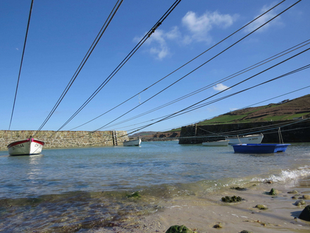 Dans le Port Racine, les canots sont amarrés sur des bouts qui passent au-dessus de l'eau 