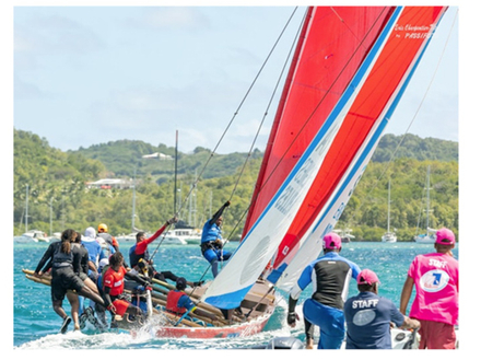 Le premier corde (en bleu) et le deuxi&egrave;me corde (en rouge)  &laquo; au trap&egrave;ze &raquo; &agrave; l?avant de la yole. Solides gaillards utilis&eacute;s comme haubanage du grand m&acirc;t d?artimon. On appr&eacute;ciera le vrillage et le r&eacut