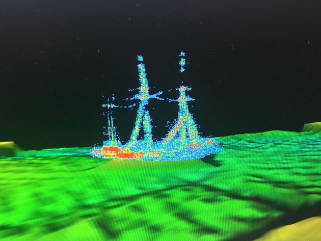 Image de la goélette Ironton telle qu'elle se trouve aujourd'hui au fond du lac, réalisée par le sonar multifaisceaux. - Nautisme Article