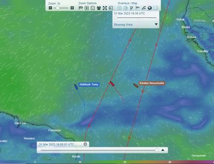 Les trois concurrents alignés sur la même latitude, mais pas avec la même météo - Nautisme Article