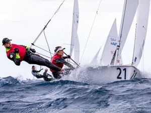 Voile 470. Camille Lecointre et Jeremie Mion dans les starting blocks pour le Test Event